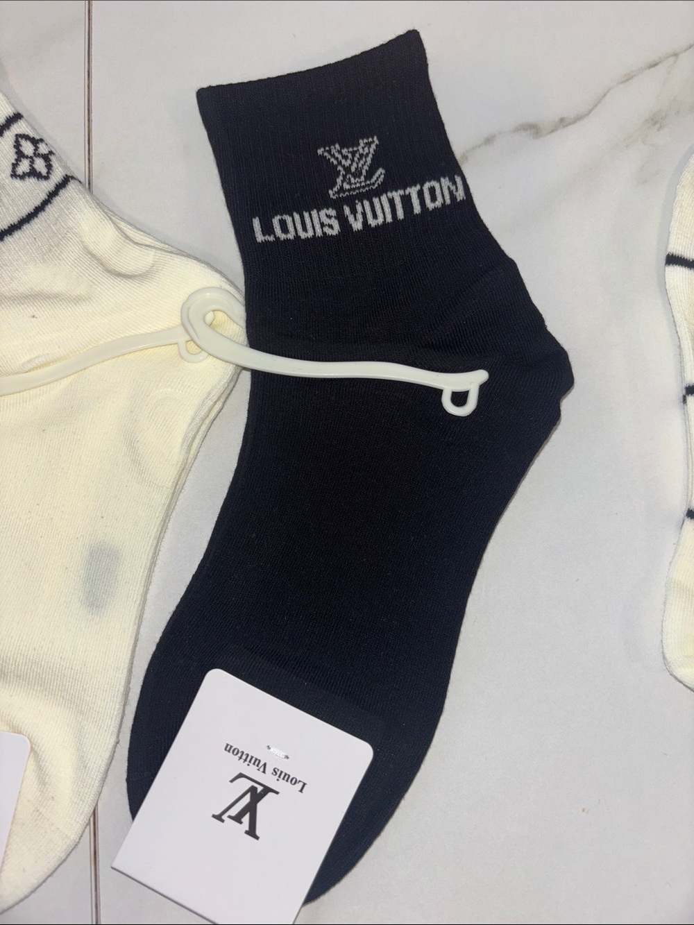 Louis Vuitton Black & White Logo Mixed-Pattern Crew Socks - Men - Picture 2 of 4